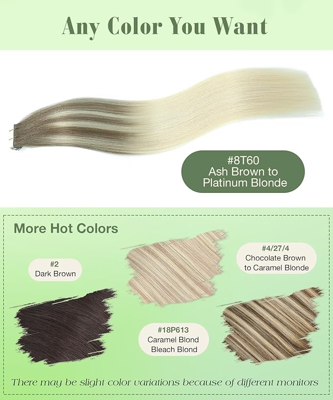 SURNEL Tape in Hair Extensions Ombre Color 8 Ash Brown Fading to 60 Platinum Blonde Human Hair 16 inch Remy Tape in Hair 20pcs 50g(#8T60-16)