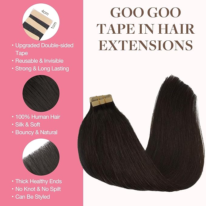 GOO GOO Tape in Hair Extensions Human Hair, 2 Dark Brown, 20inch 30g 10pcs, Skin Weft Seamless Invisible, Silky Straight with Thick Ends, Remy Human Hair