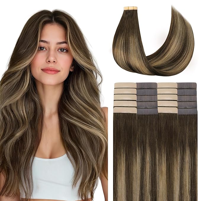 GOO GOO Tape in Hair Extensions Human Hair, 4/27/4 Balayage Chocolate Brown to Caramel Blonde, 28inch 60g 20pcs, Skin Weft Seamless Invisible, Silky Straight with Thick Ends, Remy Human Hair