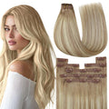 YoungSee 135g Clip in Hair Extensions Real Human Hair Balayage Clip in Hair Extensions Golden Brown and Platinum Blonde Clip ins Human Hair Extension Straight Remy Hair 18inch