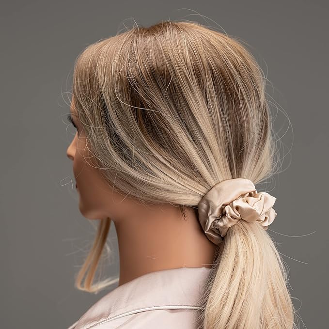 Silk Scrunchies for Hair 100% Mulberry Silk Hair Ties 3 Pack(Pink, Peacock Blue, Apricot)