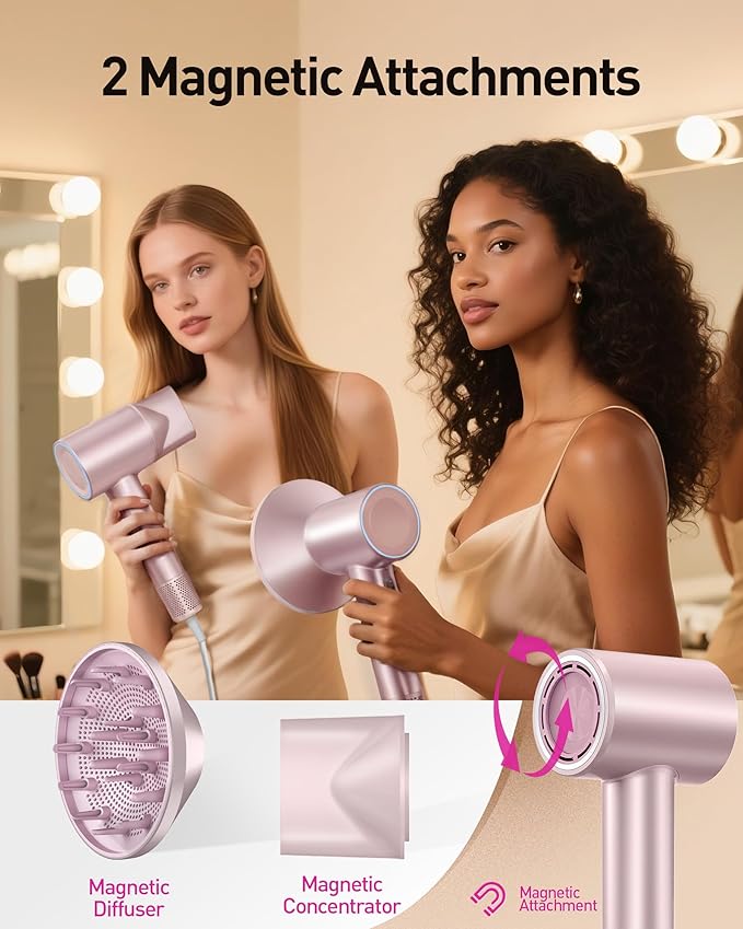 High-Speed Hair Dryer, 160,000 RPM Brushless Motor for Ultra-Fast Drying,500M Ionic Negative for Frizz Reduce, Low Noise Thermo-Control Blow Dryer with Diffuser for Curly Hair Women and Men,Rose Gold