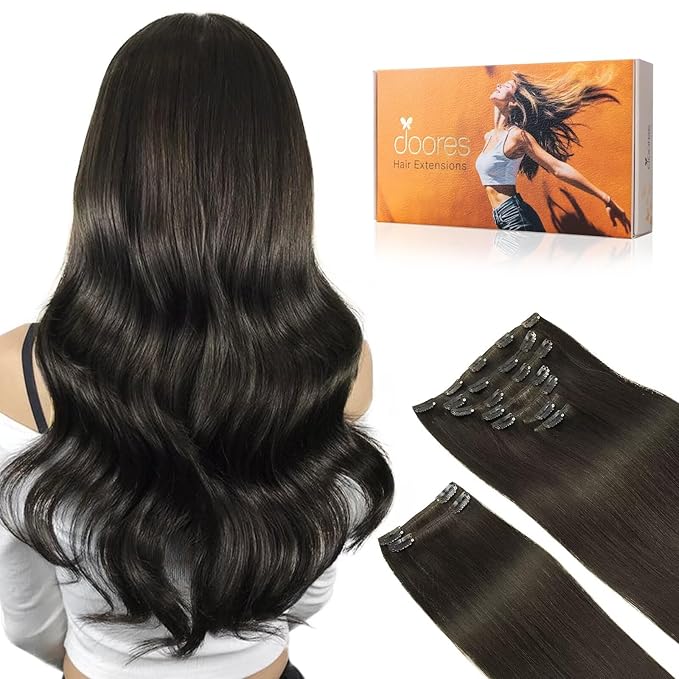 DOORES Clip in Hair Extensions - Mocha Brown, 150g, 9pcs, 24 Inch - Remy Human Hair for Women, Natural Thick Silky Straight
