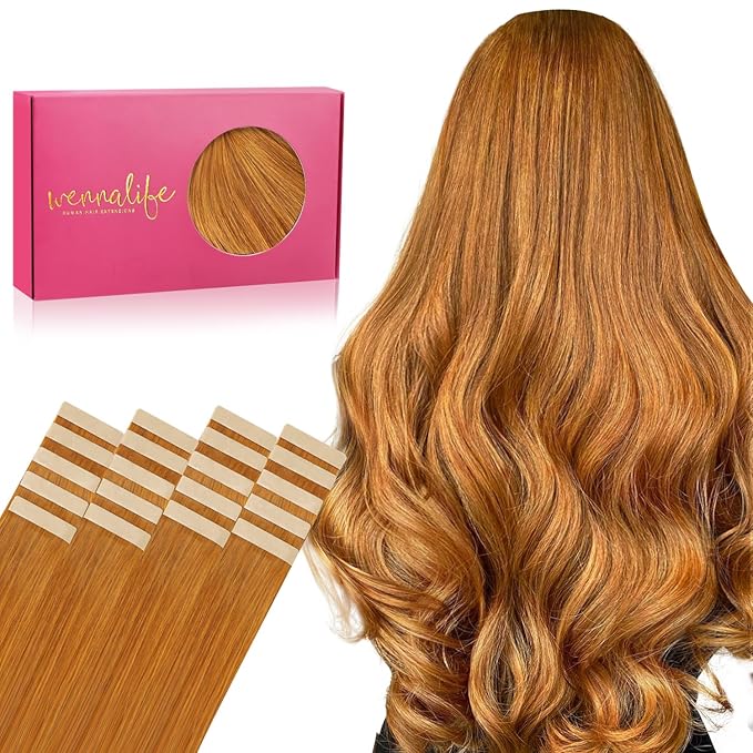 WENNALIFE Tape in Hair Extensions Human Hair, 20pcs 50g 16 inch Auburn Ginger Remy Hair Extensions Straight Human Hair Tape in Extensions Skin Weft Tape Extensions Human Hair