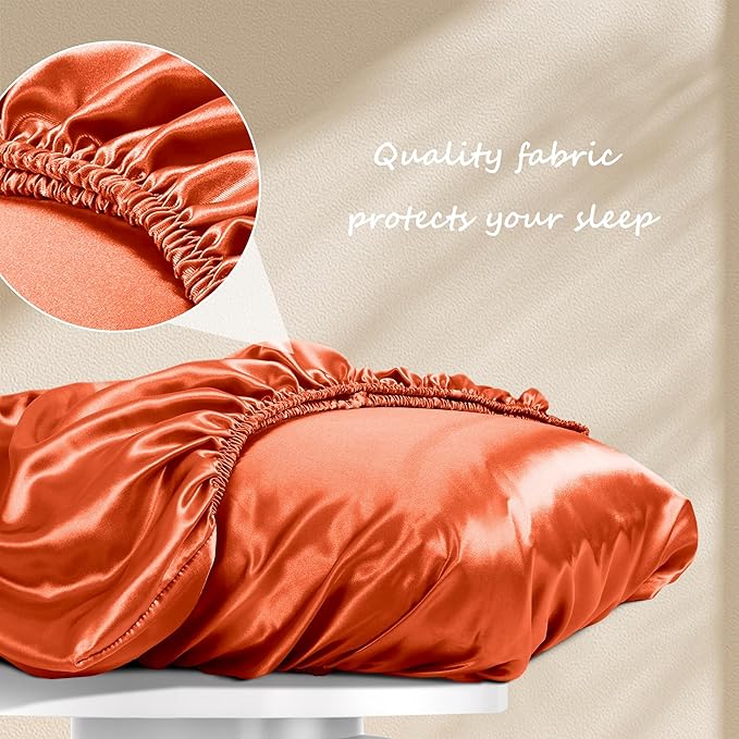 Manyshofu Satin Pillowcases for Hair Protection - 2Pcs Burnt Orange Pillow Cases, Elastic Band Standard & Queen Satin Pillowcases Luxury Silky Pillow Cases Travel Pillow Covers