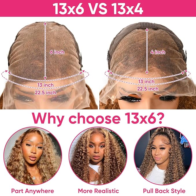 Highlight Deep Wave Wig 13x6 Ombre Lace Front Wig Human Hair Honey Blonde HD Lace Front Wigs Human Hair Pre Plucked 200% Density 4/27 Colored Curly Frontal Wigs for Women 24 Inch