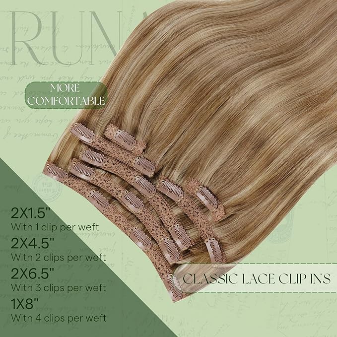 RUNATURE Clip in Hair Extensions Human Hair, 10 Inch Short Hair Extensions Real Human Hair Clip Ins, Thick Full Head Remy Hair 80g 7pcs #10P16 Dark Blonde Highlight Caramel Blonde