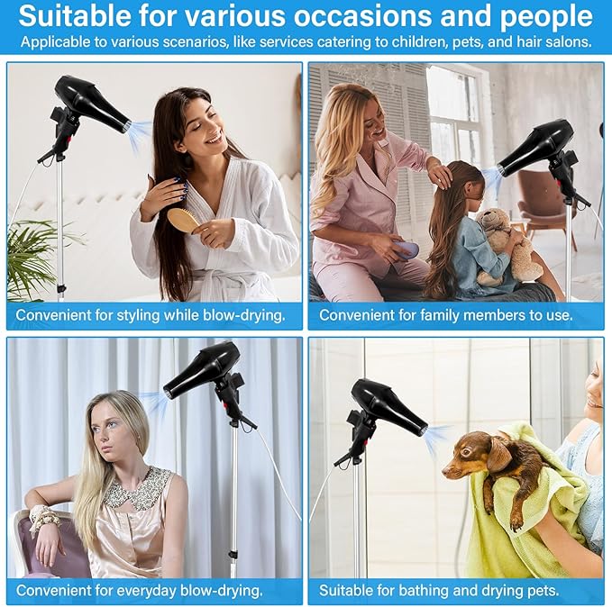 Adjustable Hands-Free Hair Dryer Stand Holder 360 Degree Rotation,Blow Dryer Holder Countertop With Non-Slip Tripod and Universal Clip