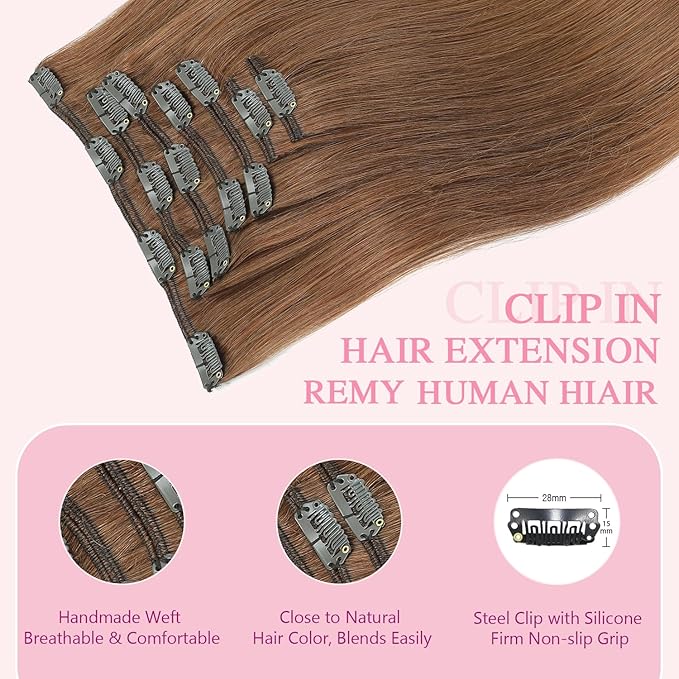 PINKPEARL Clip in Hair Extensions Real Human Hair, Remy Human Hair Extensions Clip ins for Women, Natural Human Hair, 16inch 120g 7Pcs, #33 Auburn(#33-16)