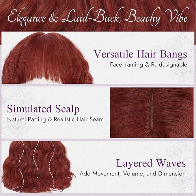 BARSDAR Copper Red Short Wavy Wig with Bangs - Short Copper Red Bob Wigs for Women - Curly Wavy Textured French Bob Wig with Bangs Soft Synthetic Natural Looking Face-Framing Daily