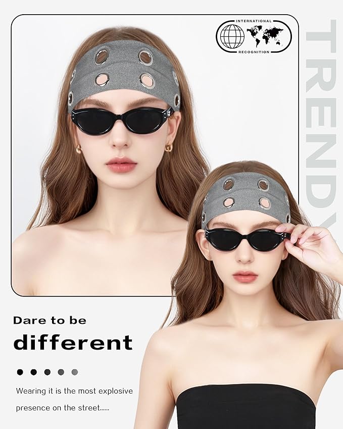 Grommet Headband for Women, Dark Gray 23cm Hollow Out Elastic Hair Band, Eyelets Punk Grunge Stylish Hairband