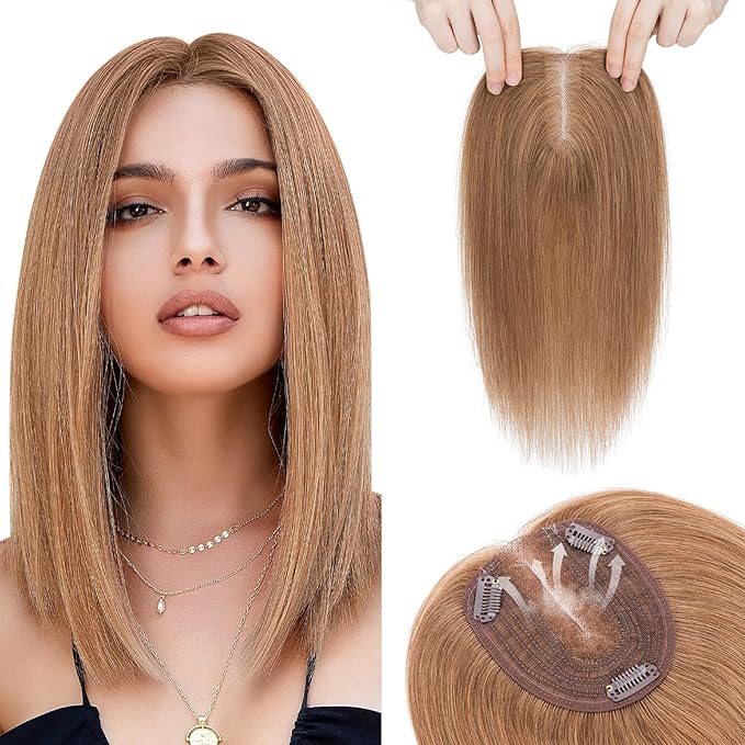 Hairro 100% Human Hair Topper No Bangs, Real Clip in Hair Hairpieces for Women, 3.94x4.72" Silk Base for Thinning Receding High Hairline, 10 Inch Light Brown Middle Part