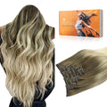 DOORES Human Hair Extensions Clip in, Ash Brown to Platinum Blonde 14 Inch 100g 7pcs, Real Clip in Extensions Straight Natural Hair
