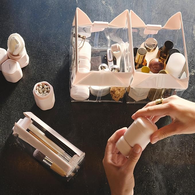 Cadence Travel Containers - Daily Routine Capsule Set - Magnetic Containers with Lids,4 Flex Mediums (1.32oz) & 3 Flex Smalls (0.56oz) - Shampoo, Conditioner, Body Wash, Pills, & More - Sand