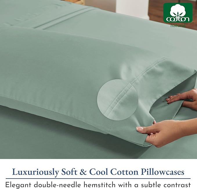 California Design Den King Size Pillow Cases Set of 2 - Luxuriously Soft and Thick 800 Thread Count, Smooth Sateen, Natural 100% Cotton Pillow Cases King, Durable - Sage Green