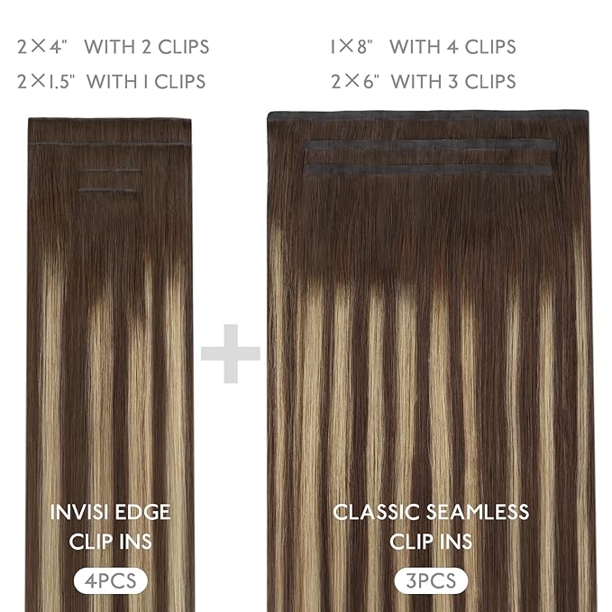 WENNALIFE Invisi Edge & Classic Seamless Clip in Hair Extensions Real Human Hair, 16 Inch 130 7pcs Balayage Chocolate Brown to Caramel Blonde Hair Extensions for Women Invisible Straight Injection
