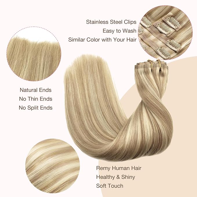 GOO GOO Clip in Hair Extensions Real Human Hair, Remy Human Hair Extensions Clip ins for Women, Natural Human Hair, 14inch 110g 7Pcs, 18A/613A Dark Blonde Highlighted Bleach Blonde