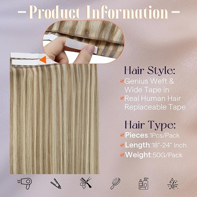 Full Shine Tape in Hair Extensions Human Hair Color 16 Highlight 22 Blonde Long Weft Pu Genius Weft Tape in Extensions Real Human Hair 50G One Piece Remy Skin Weft 20Inch Cuticles Aligned for Women