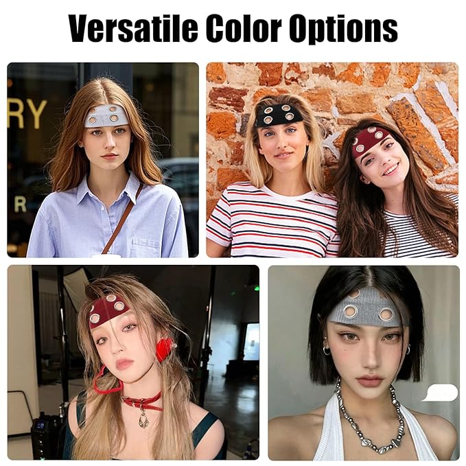 papasgix Grommet Headband for Women, Y2K Elastic Headband Wide Black Hair Band with Holes Metal Rock Style 2000s Hair Accessories (1, Light Grey)