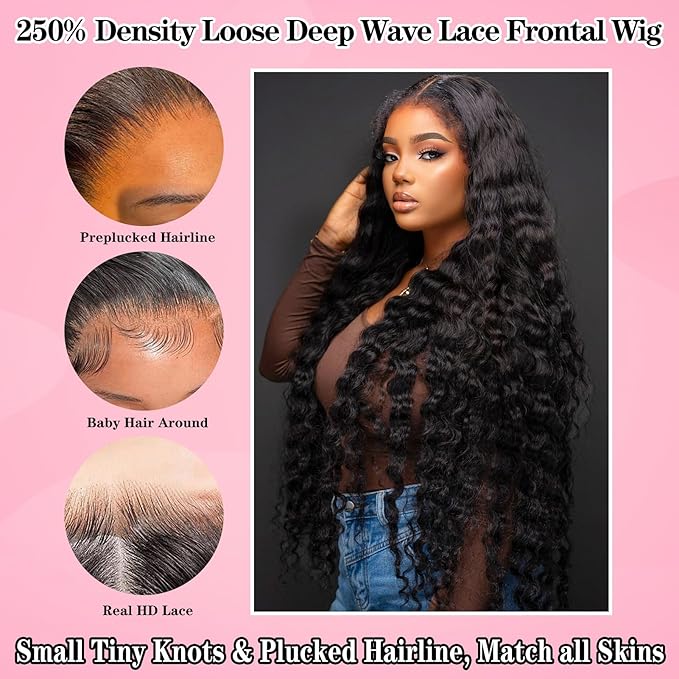 MEIMEI Loose Wave HD Full Lace Front Wigs Human Hair 250% Density 15A Grade 13x4 Loose Deep Wave Wig Real Full Large Lace Space Glueless Lace Frontal Wigs Human Hair Pre Plucked for Women 18 Inch