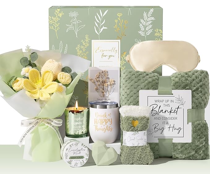 Christmas Birthday Gifts for Women Self Care Package Get Well Soon Gift Baskets, Thinking of You Sympathy Spa Gift Set w/ Crochet Flower Bouquet, Unique Gifts for Women Mom Her Best Friend Sister Wife