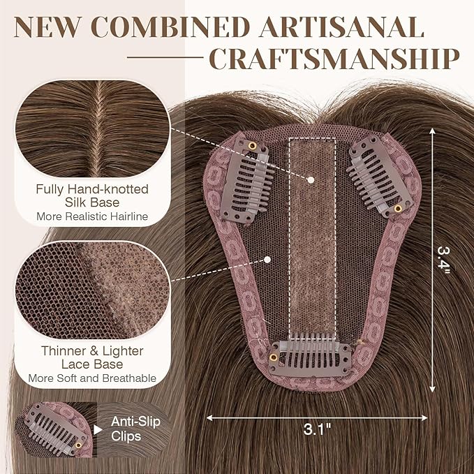 S-noilite Hair Toppers for Women Real Human Hair 3D 360° Cover Clip in 100% Real Human Hair Toppers 3″*4″ Clip in Silk Base 12 inch Natural Brown