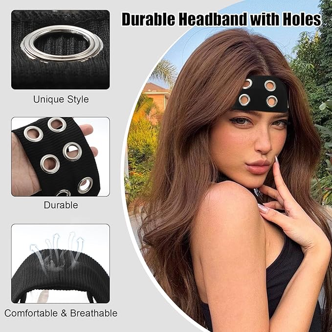 papasgix Grommet Headband for Women, Y2K Elastic Headband Wide Black Hair Band with Holes Metal Rock Style 2000s Hair Accessories (1, White)