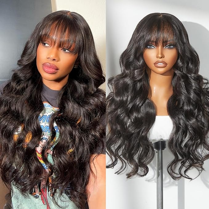 LUVME HAIR 7x6 HD Lace All-Day Comfort Wig with Bangs 200% Density Hair PartingMax Lace Wigs Loose Body Wave Lace Front Wigs Human Hair Pre Cut Plucked Lace Frontal Glueless 16 Inches