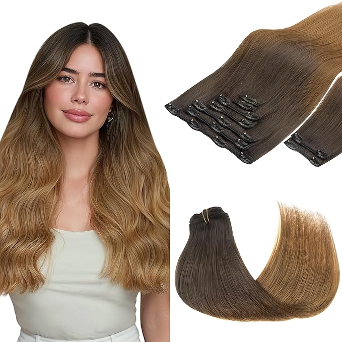 GOO GOO Clip in Hair Extensions Real Human Hair, Remy Human Hair Extensions Clip ins for Women, Natural Human Hair, 16inch 150g 9Pcs, 1D/2C/4E Chocolate Dip Color Melt