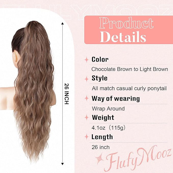 Flufymooz Ponytail Extension, Flexible Wrap Around Ponytail Extension Long Wavy Curly Ponytail Hair Extensions Natural pony tail Synthetic Hairpiece for Women 26 Inch (Chocolate Brown to Light Brown)