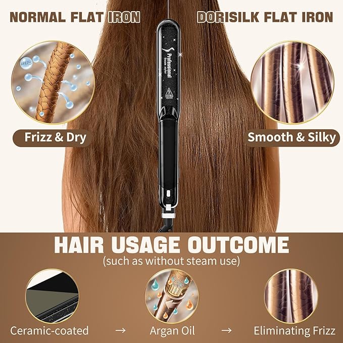 DORISILK 2.0 Upgraded Steam Straighteners for Hair, Professional Salon Ceramic Tourmaline Vapor Steam Flat Iron Hair Straightener and Curler 2 in 1 Straightening Curling Iron, Dual Voltage LED Temp