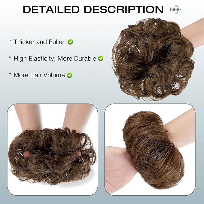 Messy Bun Hair Piece Wavy Curly Scrunchies Fluffy Donut Thick Updo Elegant Chignon Hairpieces for Women Girls, Light Chestnut Brown 1.4oz