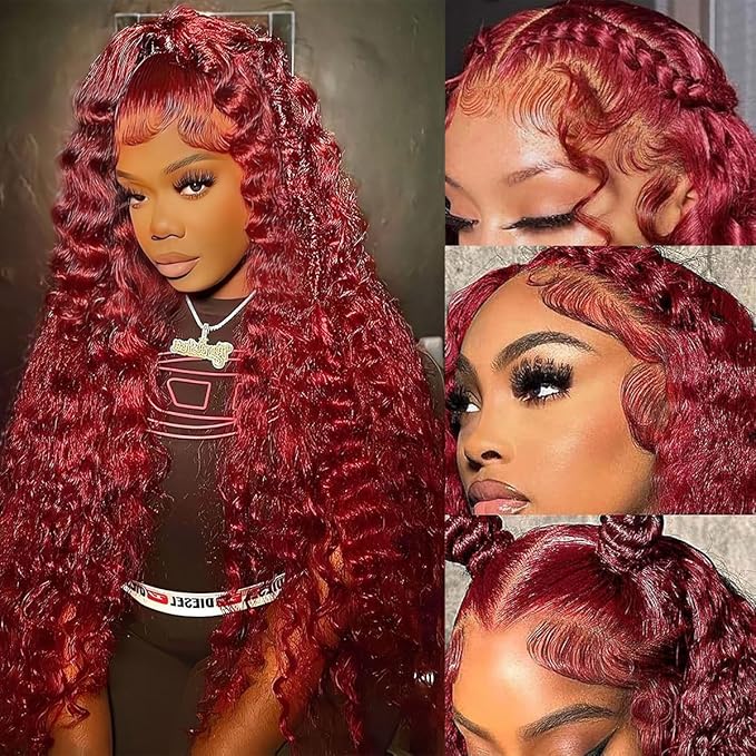 BVLBVL 36 Inch 99j 13x6 HD Lace Front Wigs Human Hair 250% Density Deep Wave Lace Front Wigs Pre Plucked Burgundy Wig Human Hair Wet And Wavy No Tangle No Shedding Triple Lifespan 3x