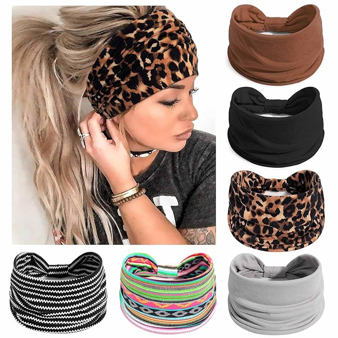 Wide Headbands for Women Knotted No Slip Head Bands Soft Turban Headband Hair Accessories Boho African Solid Color Head Wraps for Women Yoga Workout Pack of 6