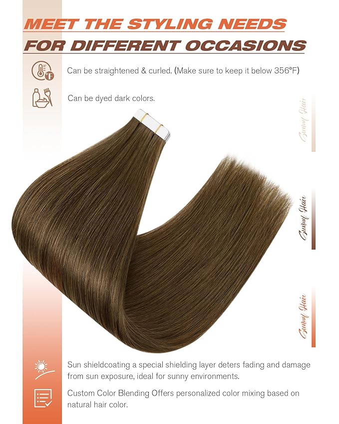 Sunny Hair Human Hair Tape in Extensions, Cool Brown Tape in Hair Extensions Human Hair 18 inch Straight Remy Tape in Human Hair Extensions 20Pcs 50g
