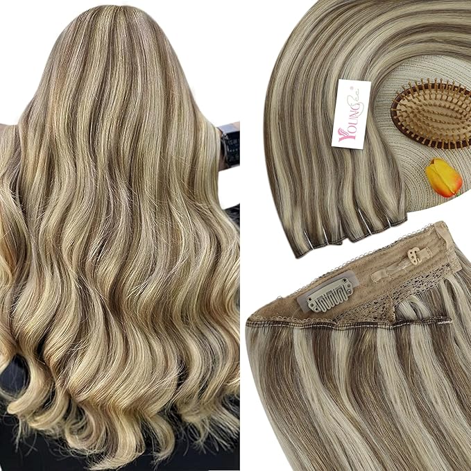 YoungSee Wire Hair Extensions Human Hair Highlight Hair Extensions Wire Light Brown Highlights Blonde Fish Line Hair Extension Real Human Hair for Women 16In 80G