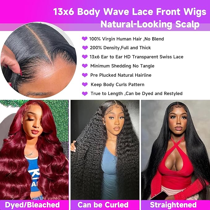 32 Inch 13x6 Body Wave Lace Front Wigs Human Hair 200 Density HD Lace Front Wigs Pre Plucked Brazilian Virgin Human Hair Wigs for Women Glueless Frontal Wigs Human Hair Natural Black Body Wave Wig