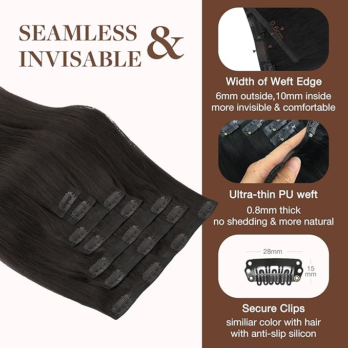 GOO GOO Clip in Hair Extensions Real Human Hair, Remy Human Hair Extensions Clip ins for Women, Natural Human Hair, 24inch 140g 7Pcs, #2 Dark Brown