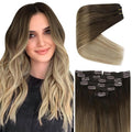 VeSunny 22inch Clip in Human Hair Extensions Brown Ombre Clip on Hair Extensions Balayage Dark Brown to Light Brown Mix Ash Brown Clip in Real Human Hair Extensions Long Straight 7pcs