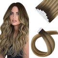 Sunny Hair Tape in Hair Extensions Human Hair 20 Inch Hair Extensions Real Human Hair Tape in Extensions for Women Dark Brown Ombre Brown Mix Caramel Blonde Virgin Hair Natural Straight 10Pcs 25g