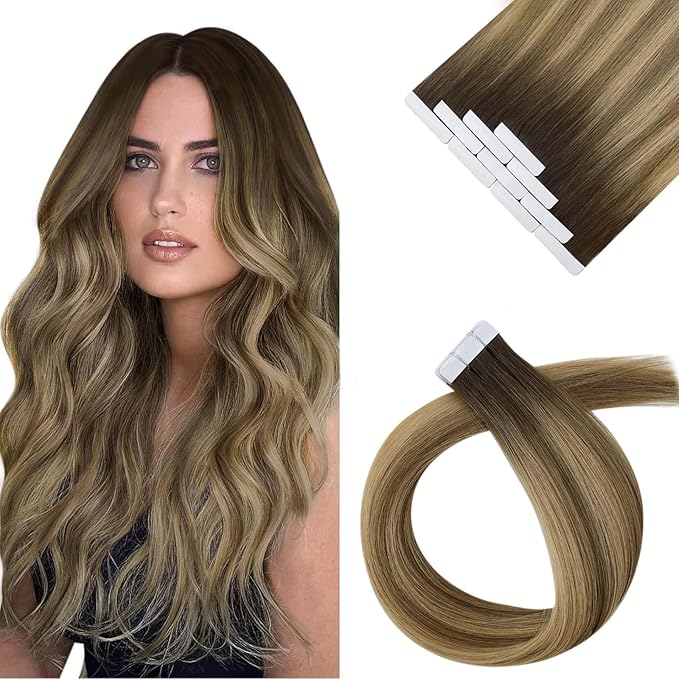 Sunny Hair Tape in Hair Extensions Human Hair 20 Inch Hair Extensions Real Human Hair Tape in Extensions for Women Dark Brown Ombre Brown Mix Caramel Blonde Virgin Hair Natural Straight 10Pcs 25g