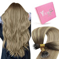 YoungSee Nano Ring Hair Extensions Ombre 16 Inch Nano Tip Hair Extensions Real Human Hair Dark Brown Ombre Light Brown with Blonde Nanobead Hair Extension Human Hair Balayage for Daily 50s 50g