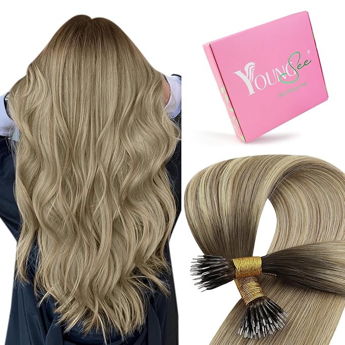 YoungSee Nano Bead Hair Extensions Human Hair Dark Brown Ombre Nano Extensions Human Hair Light Brown Balayage Blonde Nano-ring Hair Extension Real Hair Ombre Nano-Tip Extension 20 inch 50s 50g