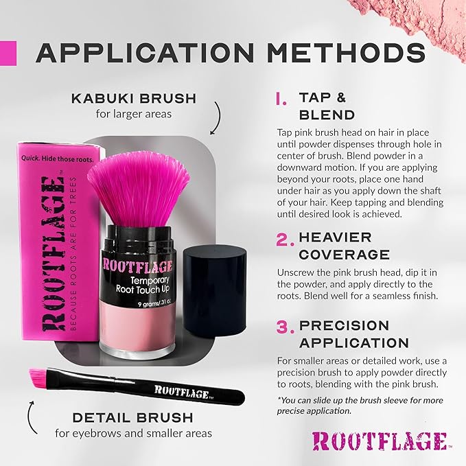 Rootflage Temporary Hair Color, Fun Colored Hair Powder - Temporary Hair Dye, Root Concealer, Hair Texturizer, Kabuki Applicator with Detail Brush Included, .31 oz (Rose Gold)