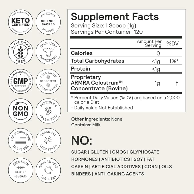 ARMRA Colostrum™ Powder | Unflavored | Gut Health & Bloating | Skin & Hair | Immunity | Keto, Gluten & Fat-Free | 120 Servings
