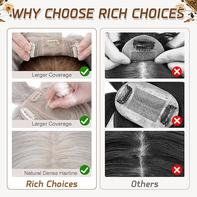 Rich Choices Real Human Hair Toppers for Women With Bang 100% Remy Human Hair Topper for Thinning Hair Clip in Silk Base Hair Topper 6 Inch GREY