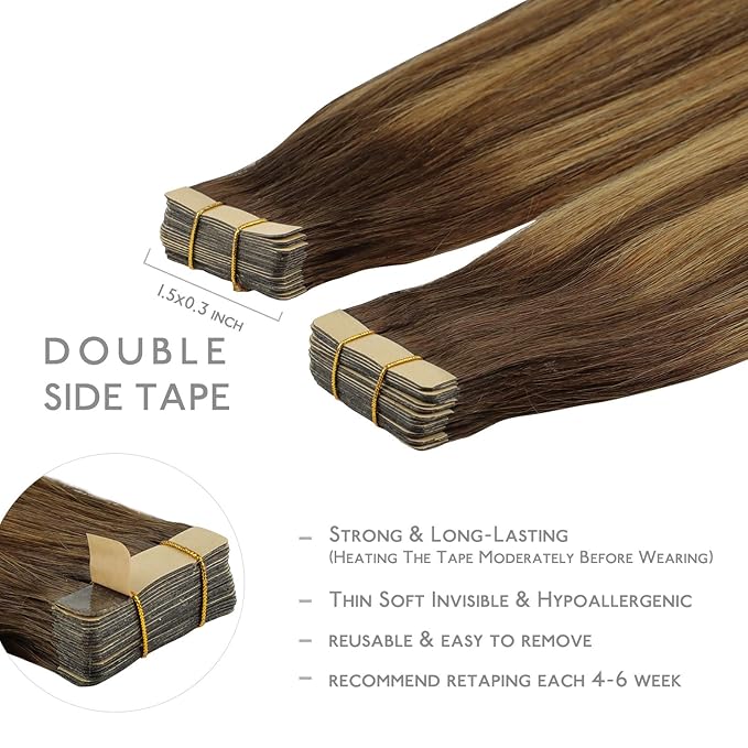 WENNALIFE Tape in Hair Extensions Human Hair, 20pcs 40g 12 inch Balayage Chocolate Brown to Caramel Blonde Remy Hair Extensions Straight Human Hair Tape in Extensions Skin Weft Tape Extensions