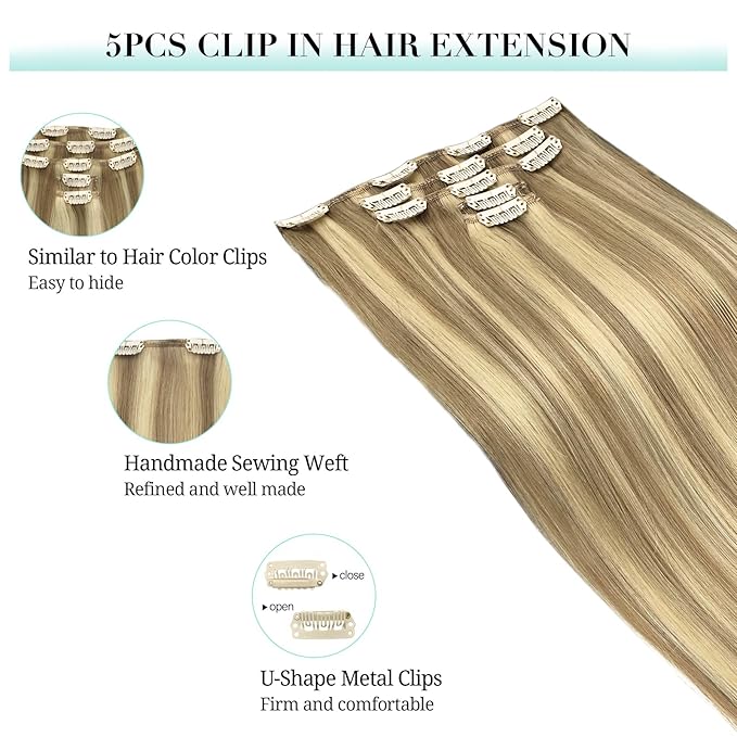 DOORES Clip in Human Hair Extensions, 22 Inch Balayage Light Blonde Highlighted Golden Blonde, 5pcs 85g Remy Straight