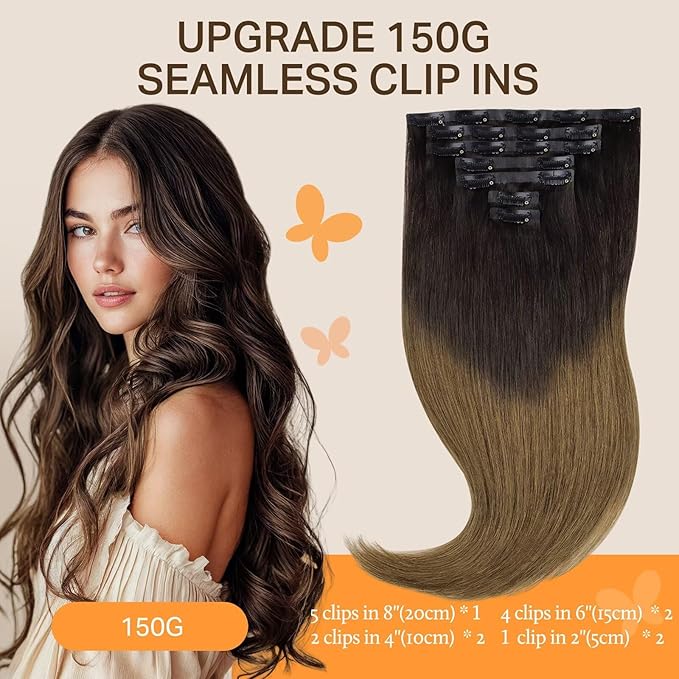 DOORES Seamless Clip-in Hair Extensions, Chocolate Dip Color Melt 9pcs 130g 14 Inch, Remy Human Hair Straight Thick Weft Invisible Edge