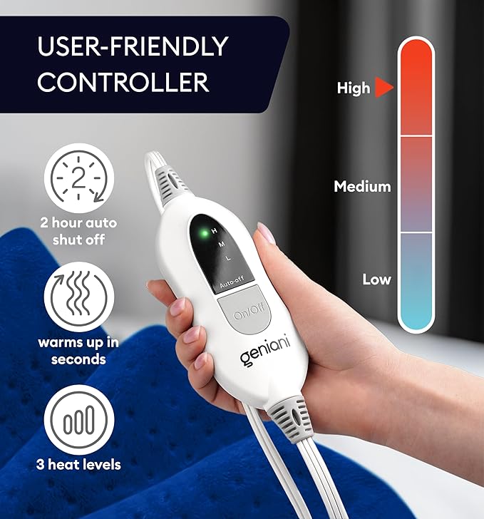 GENIANI XL Electric Heating Pad for Back Pain & Cramps Relief, Electric Throw, Birthday Christmas Gifts for Women, Men Auto Shut Off, Machine Washable, Heat Pad for Neck & Shoulder (Space Blue)